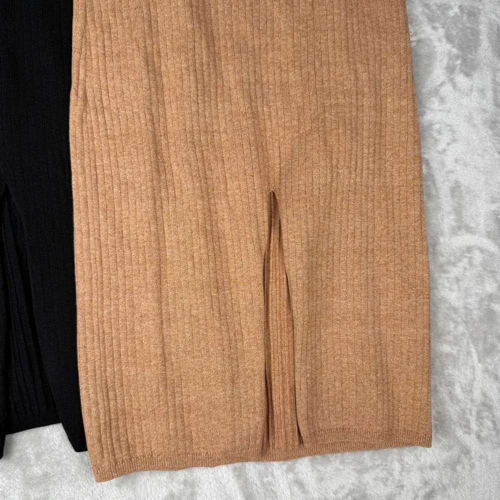 Free‎ People Ribbed Knit Midi Skirt Set Black Camel S